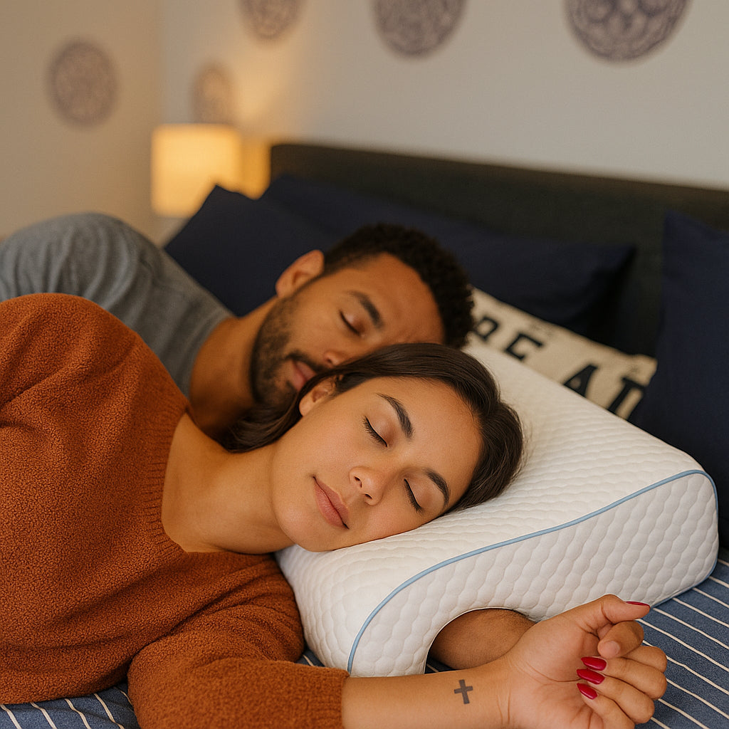 Couple resting close with a sculpted arm-channel pillow